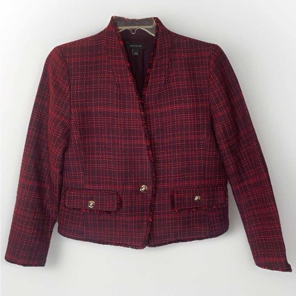 Elegant Ann Taylor Blazer Plaid Fringe Tweed professional Jacket Size 12 Lined